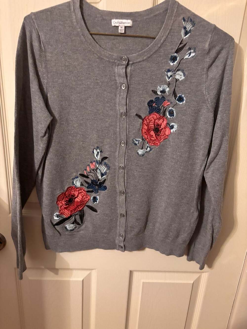 Croft & Barrow Floral Embroidered Gray Knit Cardigan Sweater
